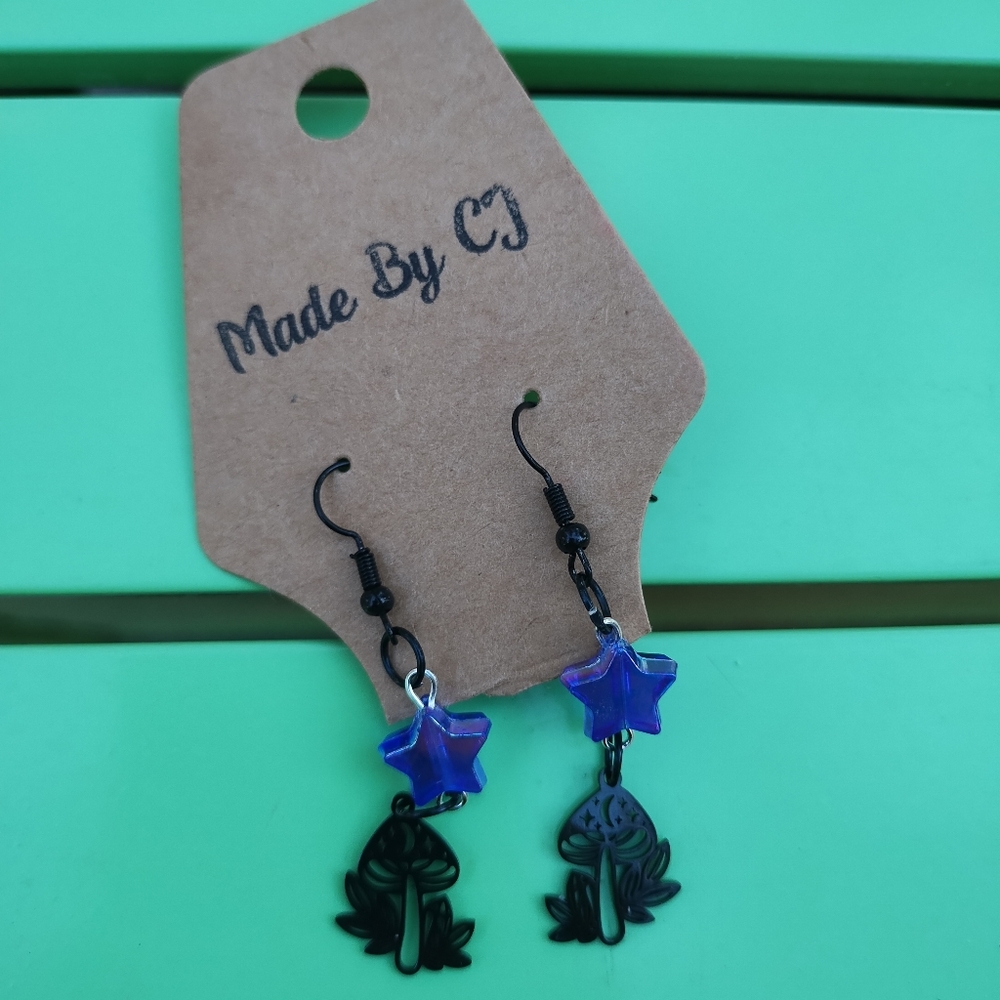 Mushroom and Star earrings black and purple drop earrings MadeByCJ